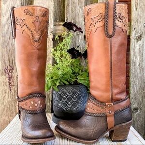 Indomable’s Harness Tooled Braided Leather Tall Cowgirl Western Boots Brown Sz 6